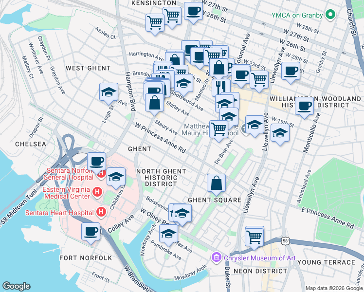 map of restaurants, bars, coffee shops, grocery stores, and more near 604 Graydon Avenue in Norfolk