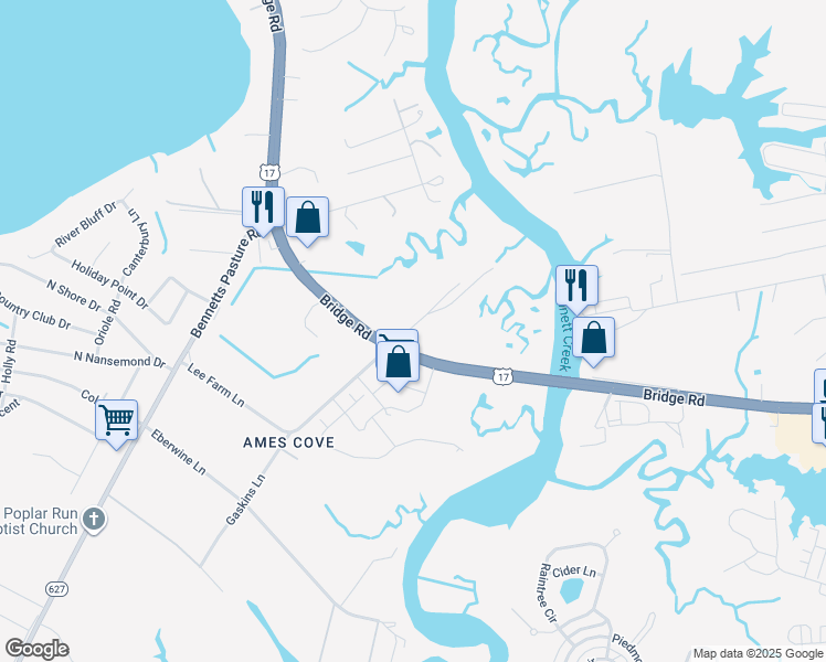 map of restaurants, bars, coffee shops, grocery stores, and more near 3101-3137 Bridge Road in Suffolk