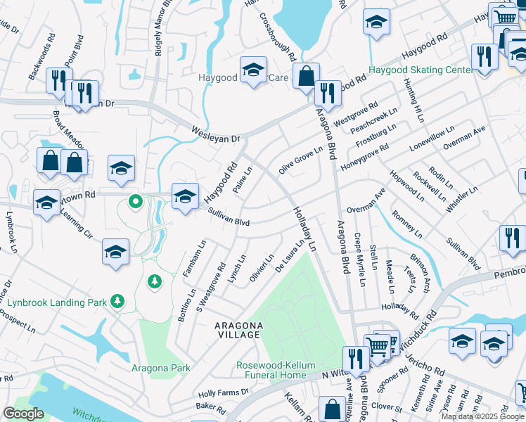 map of restaurants, bars, coffee shops, grocery stores, and more near 5025 Whitman Lane in Virginia Beach