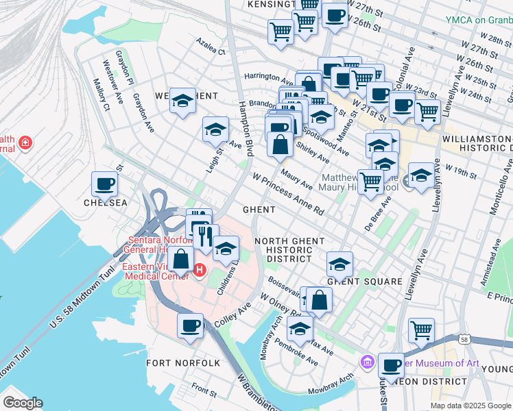 map of restaurants, bars, coffee shops, grocery stores, and more near 1007 Colley Avenue in Norfolk
