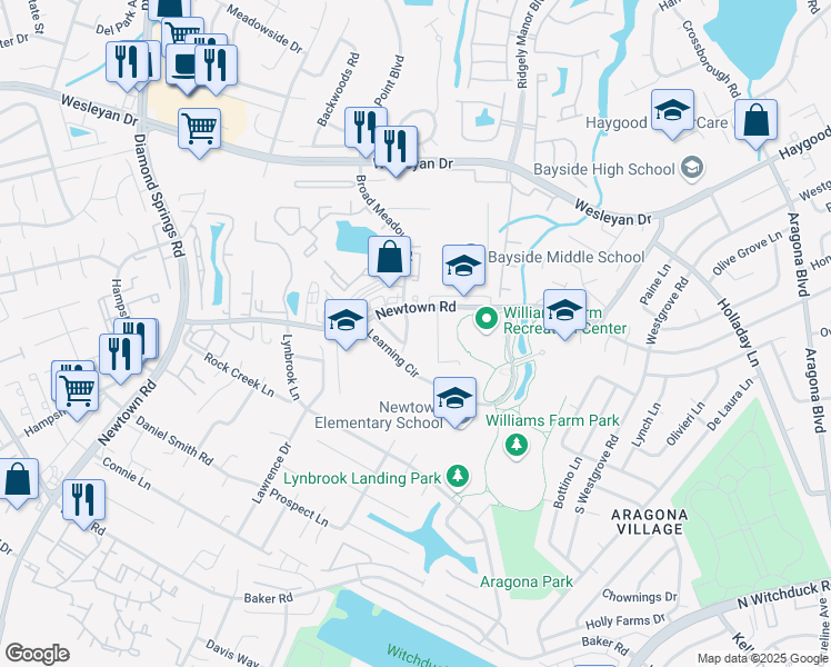 map of restaurants, bars, coffee shops, grocery stores, and more near 5421 Cleeve Abbey in Virginia Beach
