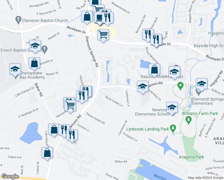 map of restaurants, bars, coffee shops, grocery stores, and more near 5565 Taylors Walke Lane in Virginia Beach