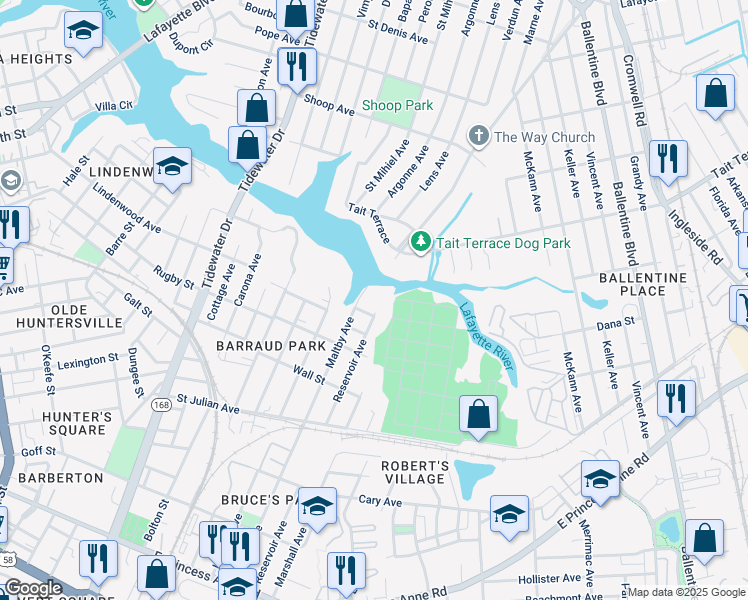 map of restaurants, bars, coffee shops, grocery stores, and more near 2533 Reservoir Avenue in Norfolk