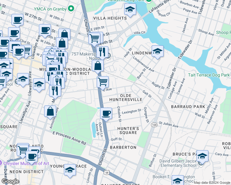 map of restaurants, bars, coffee shops, grocery stores, and more near 774 B Avenue in Norfolk