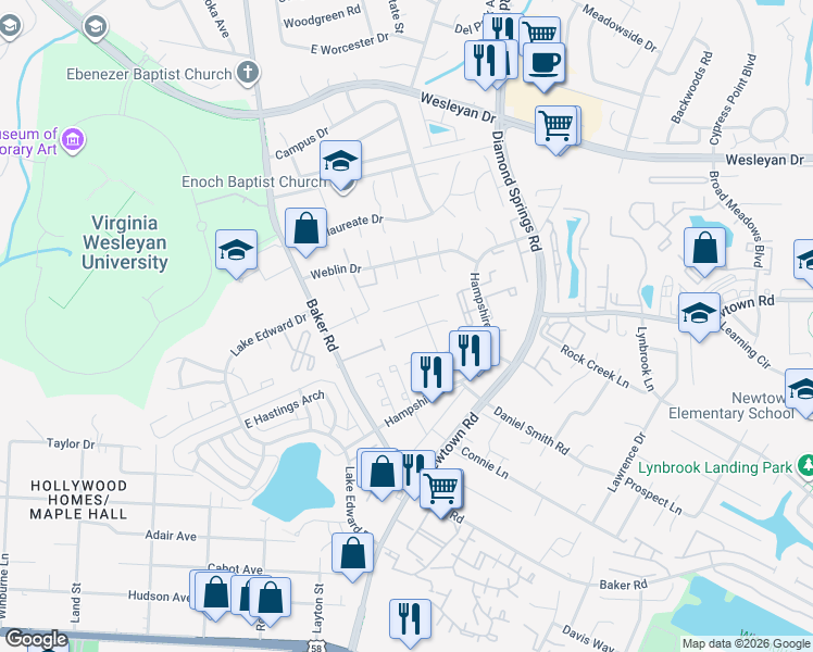map of restaurants, bars, coffee shops, grocery stores, and more near 5669 Caxton Court in Virginia Beach