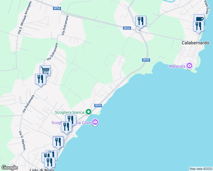map of restaurants, bars, coffee shops, grocery stores, and more near 24 Via Ricciola in Lido di Noto
