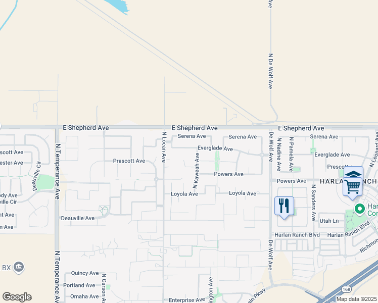 map of restaurants, bars, coffee shops, grocery stores, and more near 3092 Everglade Avenue in Clovis