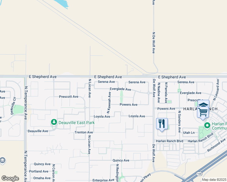 map of restaurants, bars, coffee shops, grocery stores, and more near 3150 Serena Avenue in Clovis