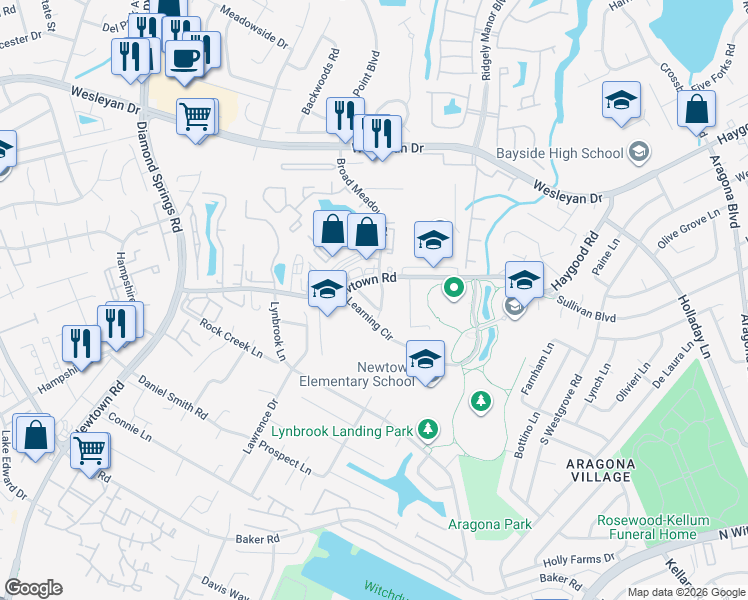 map of restaurants, bars, coffee shops, grocery stores, and more near 5421 Woburn Lane in Virginia Beach