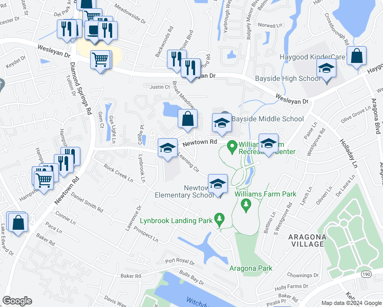 map of restaurants, bars, coffee shops, grocery stores, and more near 5421 Woburn Lane in Virginia Beach