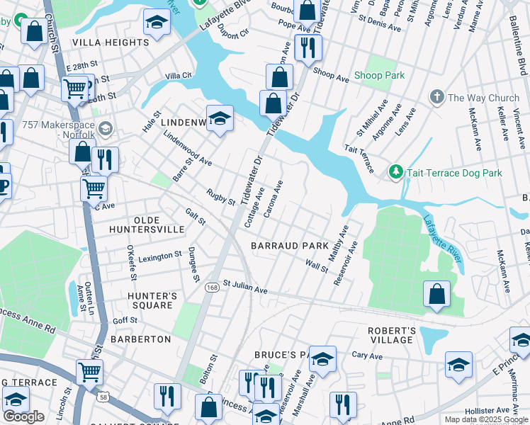 map of restaurants, bars, coffee shops, grocery stores, and more near 1072 Rugby Street in Norfolk