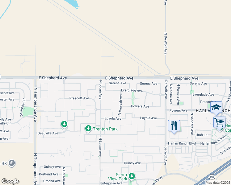 map of restaurants, bars, coffee shops, grocery stores, and more near 3080 Serena Avenue in Clovis