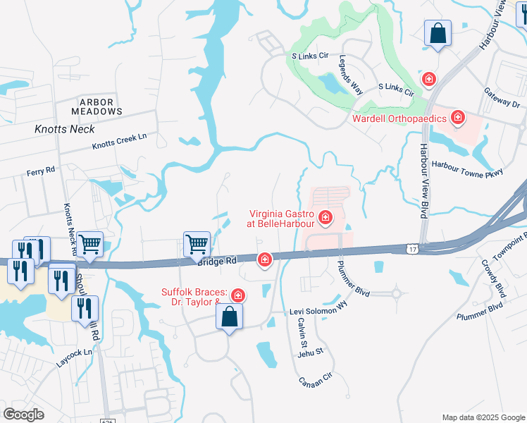 map of restaurants, bars, coffee shops, grocery stores, and more near 5825 Bernhowe Manor Lane in Suffolk