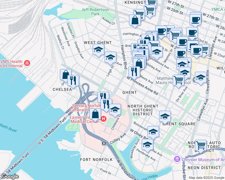 map of restaurants, bars, coffee shops, grocery stores, and more near 1005 Hampton Boulevard in Norfolk