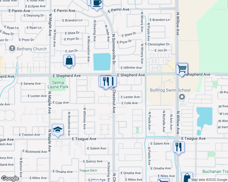 map of restaurants, bars, coffee shops, grocery stores, and more near N Chestnut Ave & E Kelso Ave in Fresno