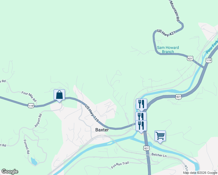 map of restaurants, bars, coffee shops, grocery stores, and more near 11 Cr-1318S in Baxter