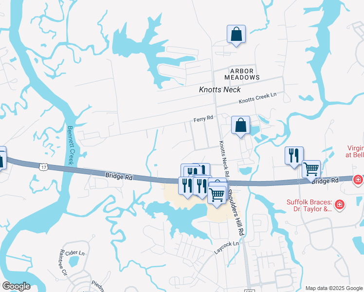 map of restaurants, bars, coffee shops, grocery stores, and more near 3624 Winborne Drive in Suffolk