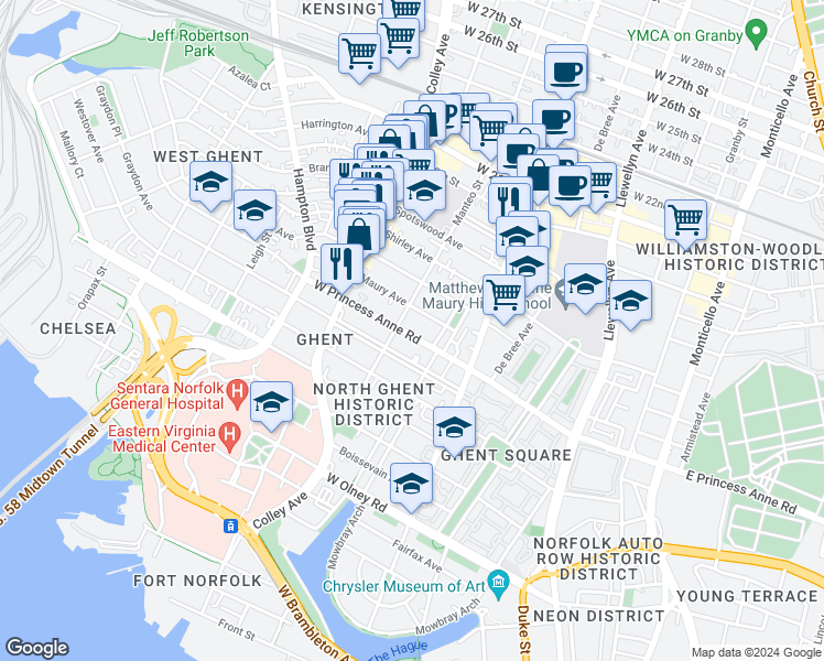 map of restaurants, bars, coffee shops, grocery stores, and more near 624 West Princess Anne Road in Norfolk