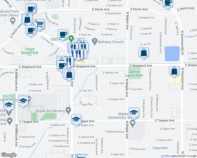 map of restaurants, bars, coffee shops, grocery stores, and more near 8874 North Barton Avenue in Fresno