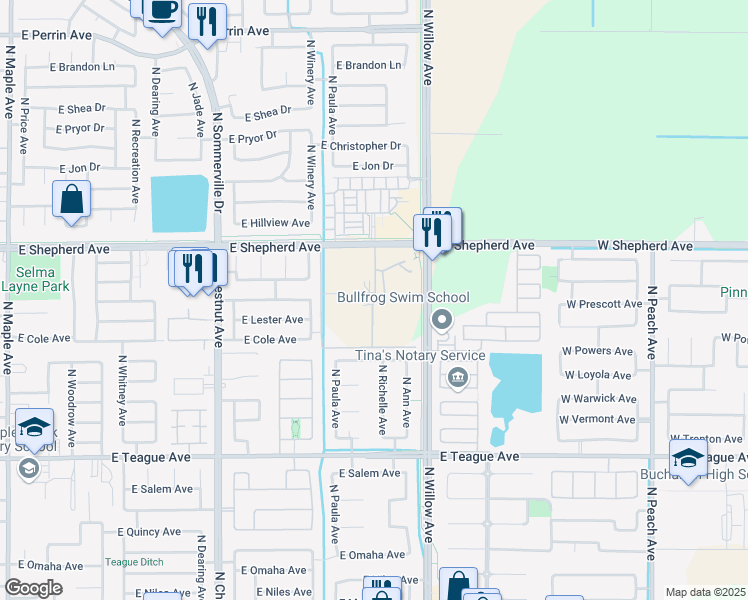 map of restaurants, bars, coffee shops, grocery stores, and more near 2815 E Shepherd Ave in Clovis