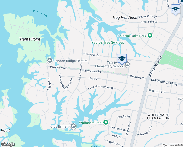 map of restaurants, bars, coffee shops, grocery stores, and more near 2445 Blue Castle Lane in Virginia Beach