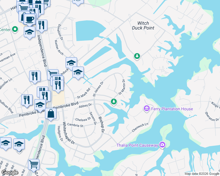 map of restaurants, bars, coffee shops, grocery stores, and more near 4341 Temple Court in Virginia Beach