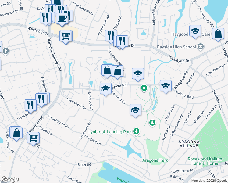 map of restaurants, bars, coffee shops, grocery stores, and more near 5403 Woburn Lane in Virginia Beach