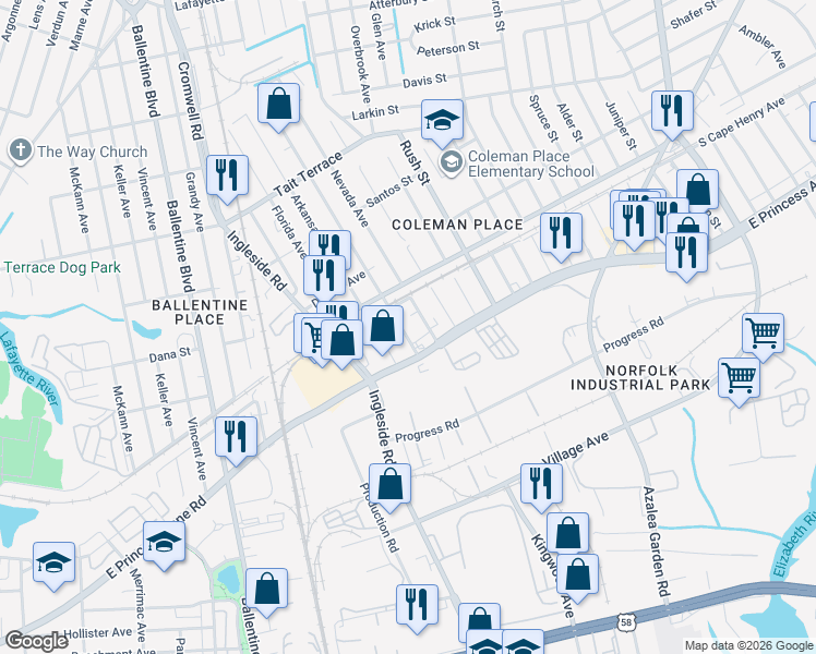 map of restaurants, bars, coffee shops, grocery stores, and more near 1536 Nevada Avenue in Norfolk