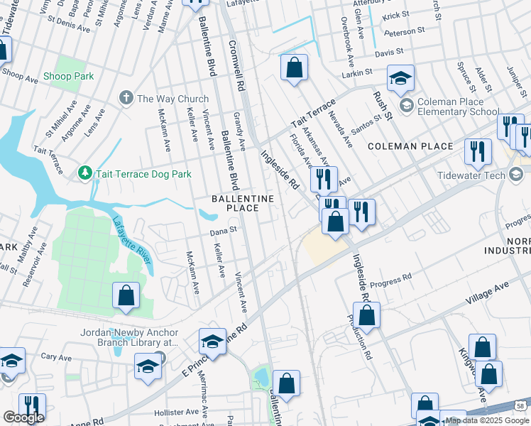 map of restaurants, bars, coffee shops, grocery stores, and more near 2435 Cromwell Road in Norfolk