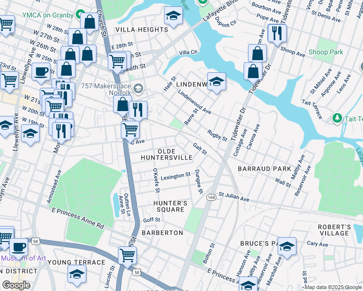 map of restaurants, bars, coffee shops, grocery stores, and more near 956 Galt Street in Norfolk
