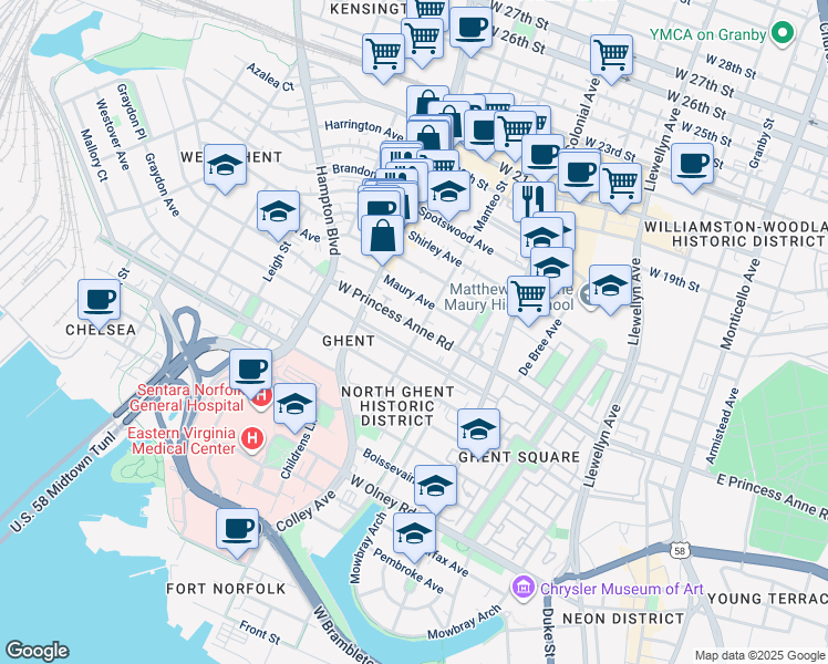 map of restaurants, bars, coffee shops, grocery stores, and more near 714 West Princess Anne Road in Norfolk