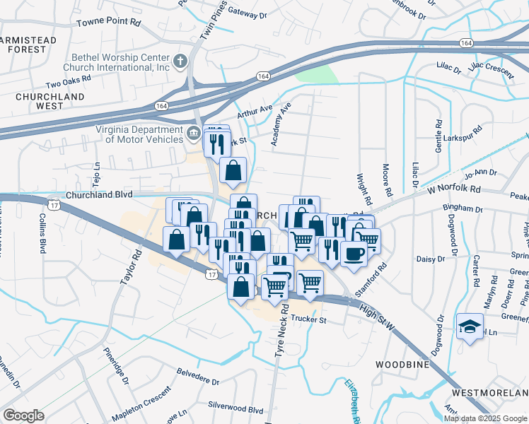 map of restaurants, bars, coffee shops, grocery stores, and more near 5910 West Norfolk Road in Portsmouth