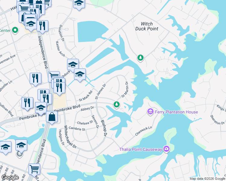 map of restaurants, bars, coffee shops, grocery stores, and more near 4341 Temple Court in Virginia Beach