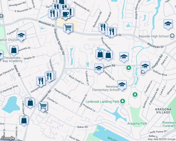 map of restaurants, bars, coffee shops, grocery stores, and more near 5566 Lynbrook Landing in Virginia Beach