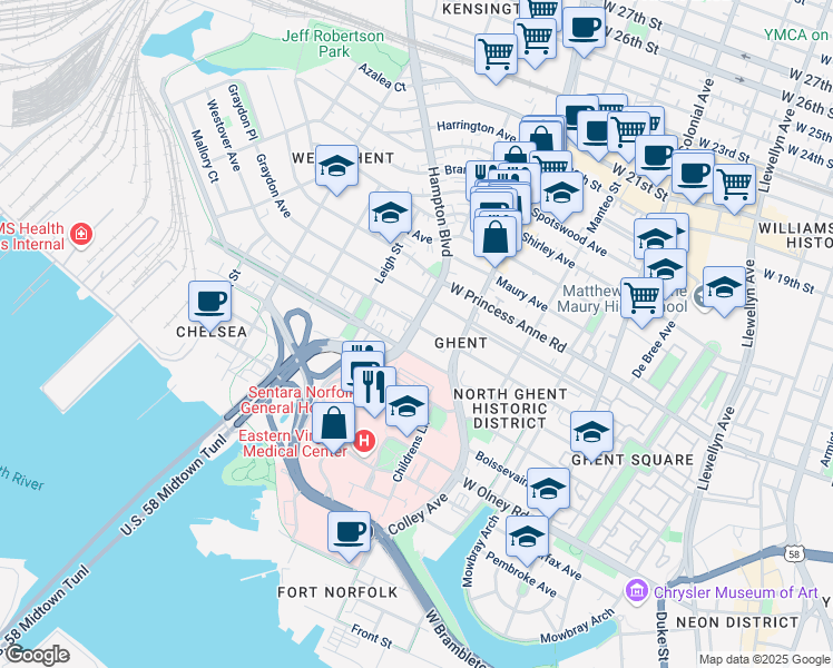 map of restaurants, bars, coffee shops, grocery stores, and more near 833 Westover Avenue in Norfolk