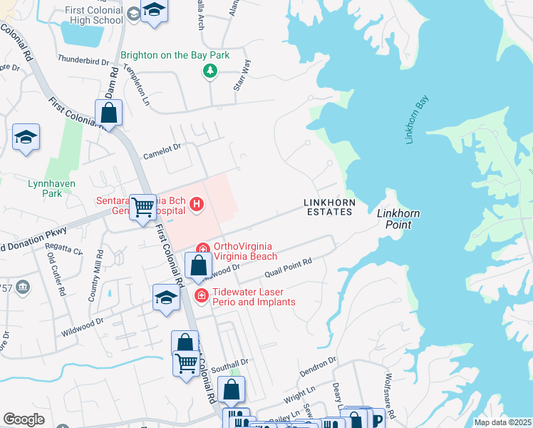 map of restaurants, bars, coffee shops, grocery stores, and more near 1648 Will O Wisp Drive in Virginia Beach