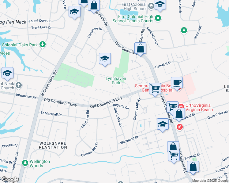 map of restaurants, bars, coffee shops, grocery stores, and more near 1243 Bayne Drive in Virginia Beach