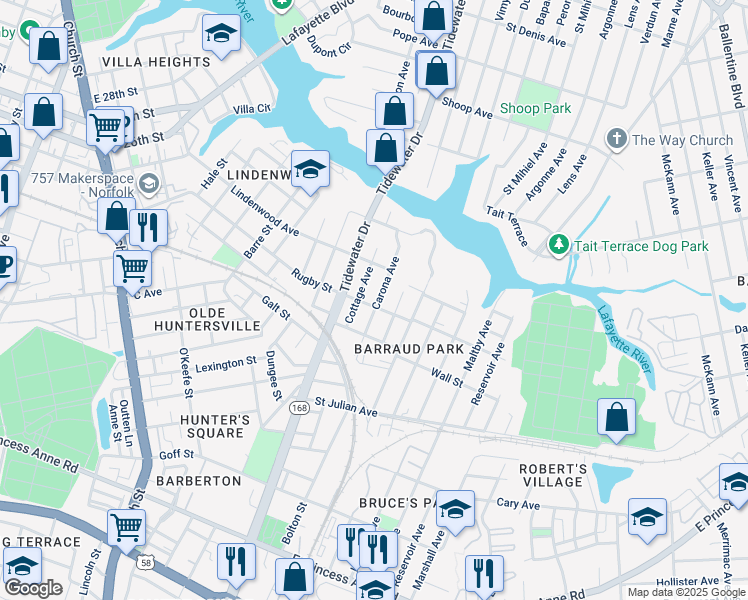 map of restaurants, bars, coffee shops, grocery stores, and more near 1072 Rugby Street in Norfolk