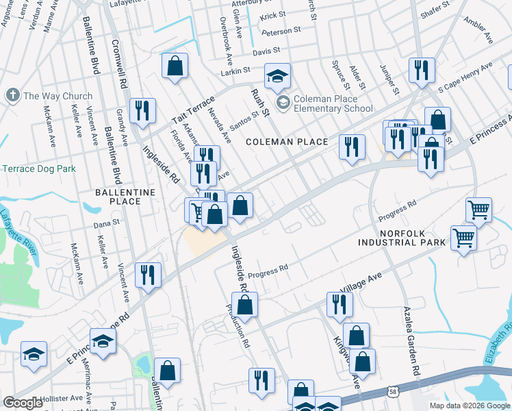 map of restaurants, bars, coffee shops, grocery stores, and more near 1536 Nevada Avenue in Norfolk