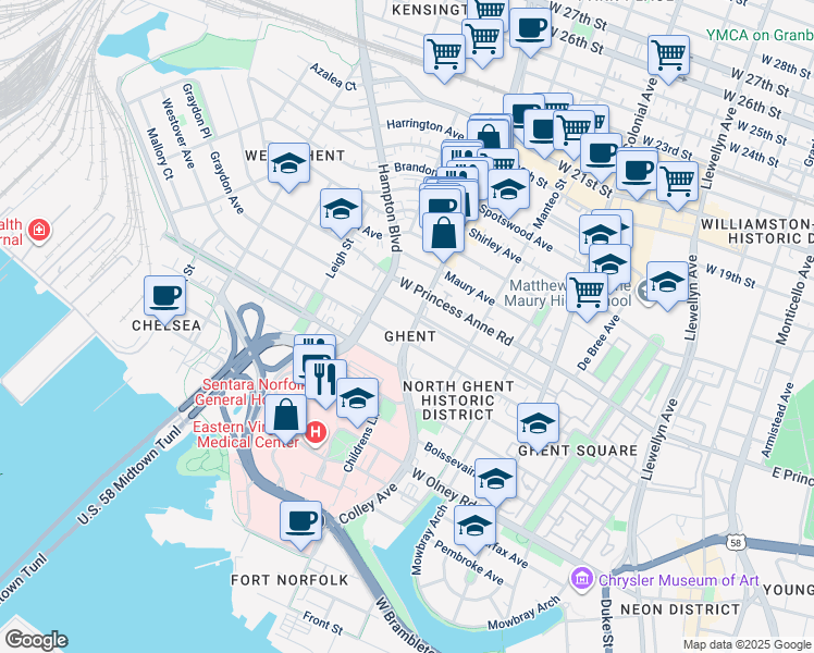 map of restaurants, bars, coffee shops, grocery stores, and more near 1007 Colley Avenue in Norfolk