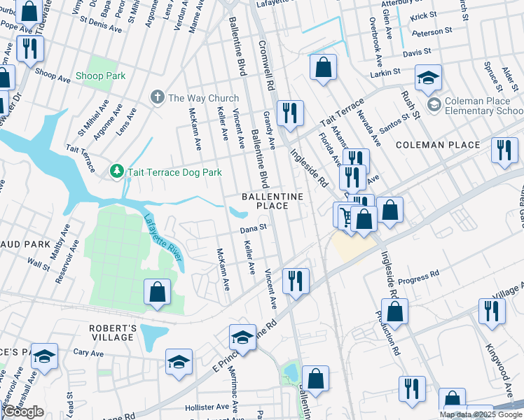 map of restaurants, bars, coffee shops, grocery stores, and more near 2415 Ballentine Boulevard in Norfolk