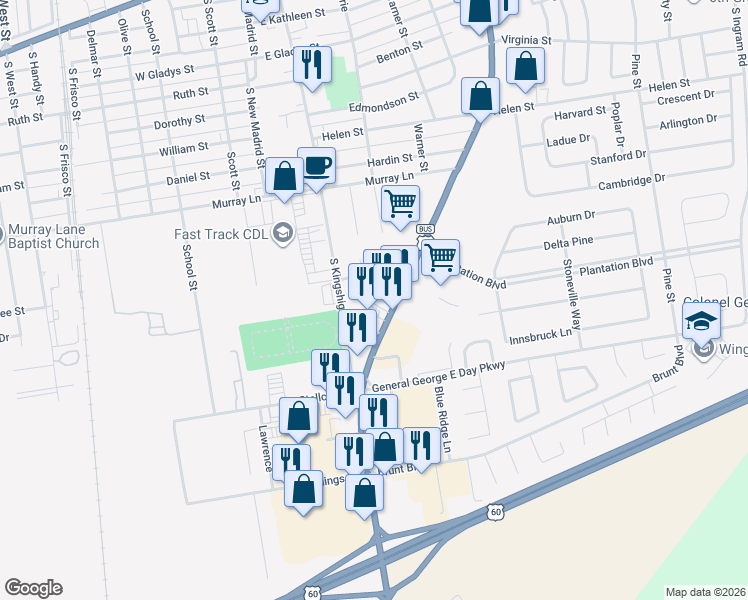 map of restaurants, bars, coffee shops, grocery stores, and more near 220 Southland Drive in Sikeston
