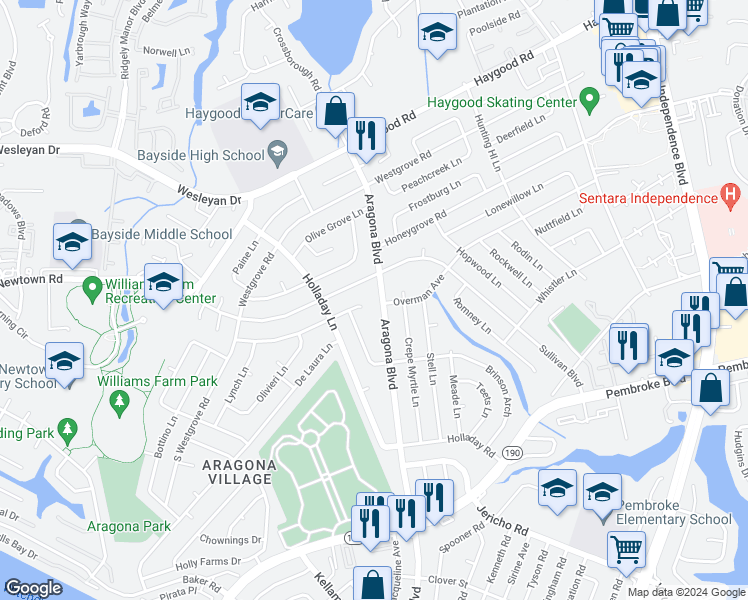 map of restaurants, bars, coffee shops, grocery stores, and more near 837 Aragona Boulevard in Virginia Beach