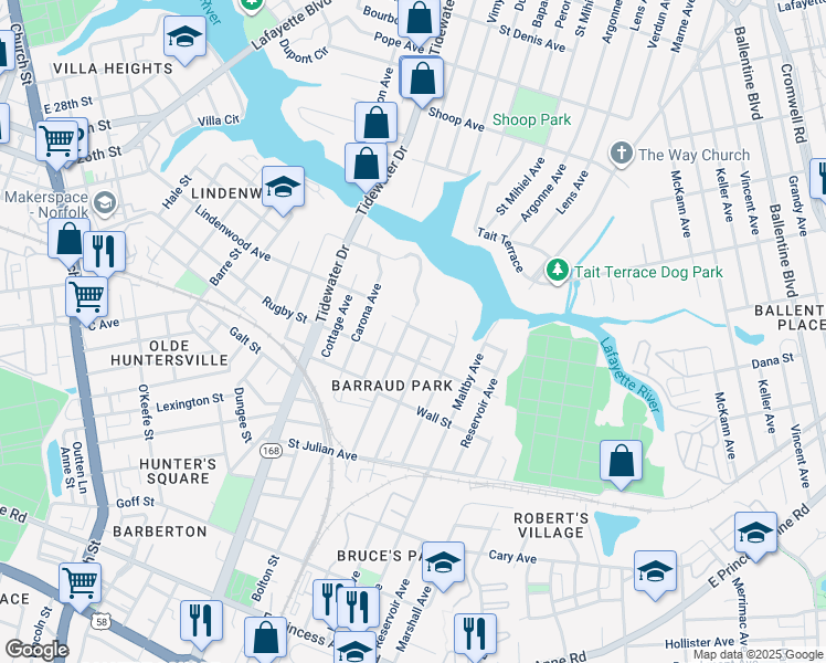 map of restaurants, bars, coffee shops, grocery stores, and more near 2422 Barraud Avenue in Norfolk