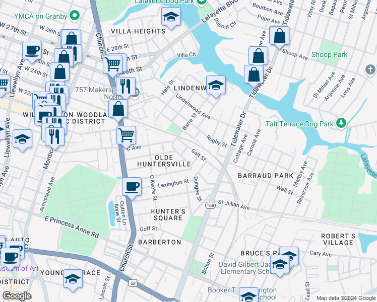 map of restaurants, bars, coffee shops, grocery stores, and more near 963 Galt Street in Norfolk