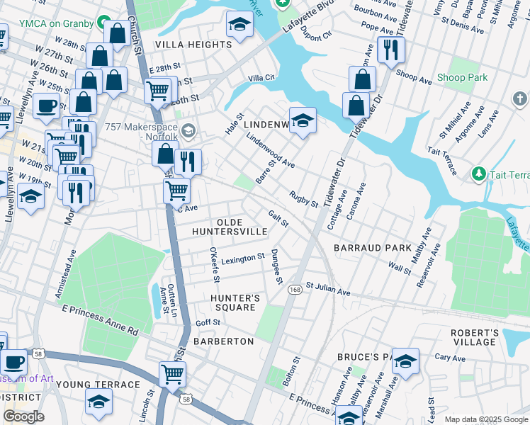 map of restaurants, bars, coffee shops, grocery stores, and more near 963 Galt Street in Norfolk