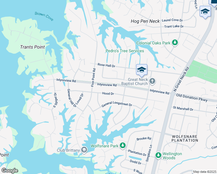 map of restaurants, bars, coffee shops, grocery stores, and more near 2421 Inlynnview Road in Virginia Beach