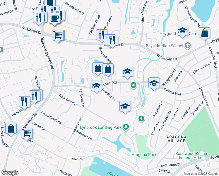 map of restaurants, bars, coffee shops, grocery stores, and more near 5417 Woburn Lane in Virginia Beach