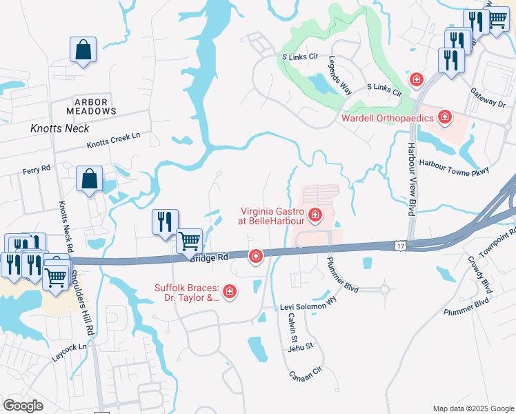map of restaurants, bars, coffee shops, grocery stores, and more near 5825 Bernhowe Manor Lane in Suffolk