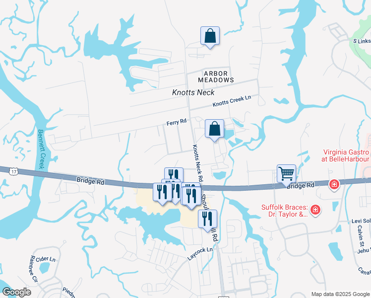 map of restaurants, bars, coffee shops, grocery stores, and more near 5900 Wayne Avenue in Suffolk